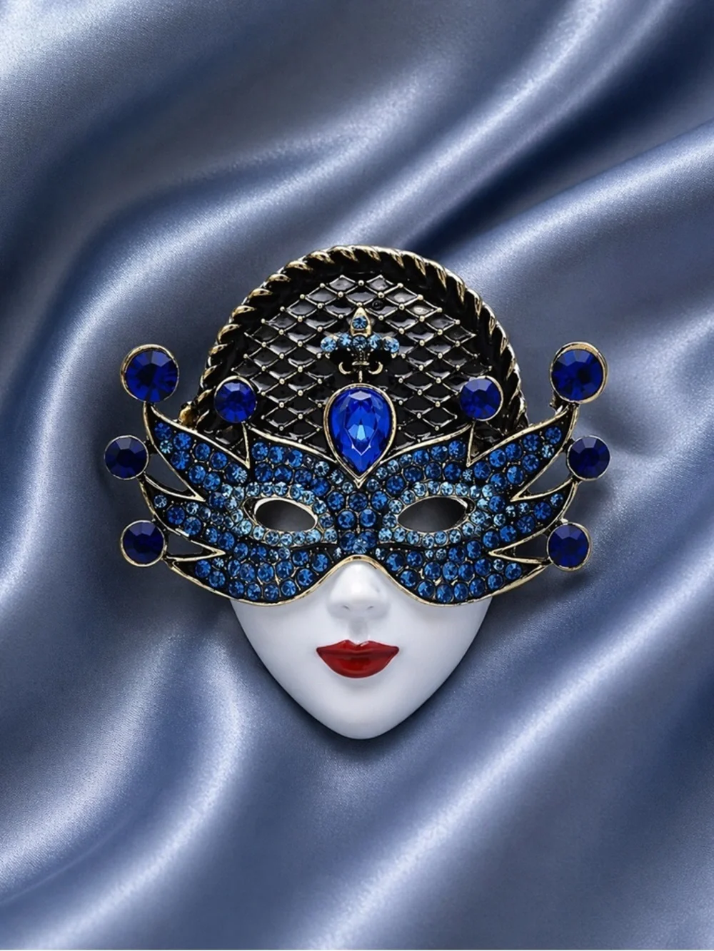 Venetian Masquerade Blue Crystal Mask Brooch